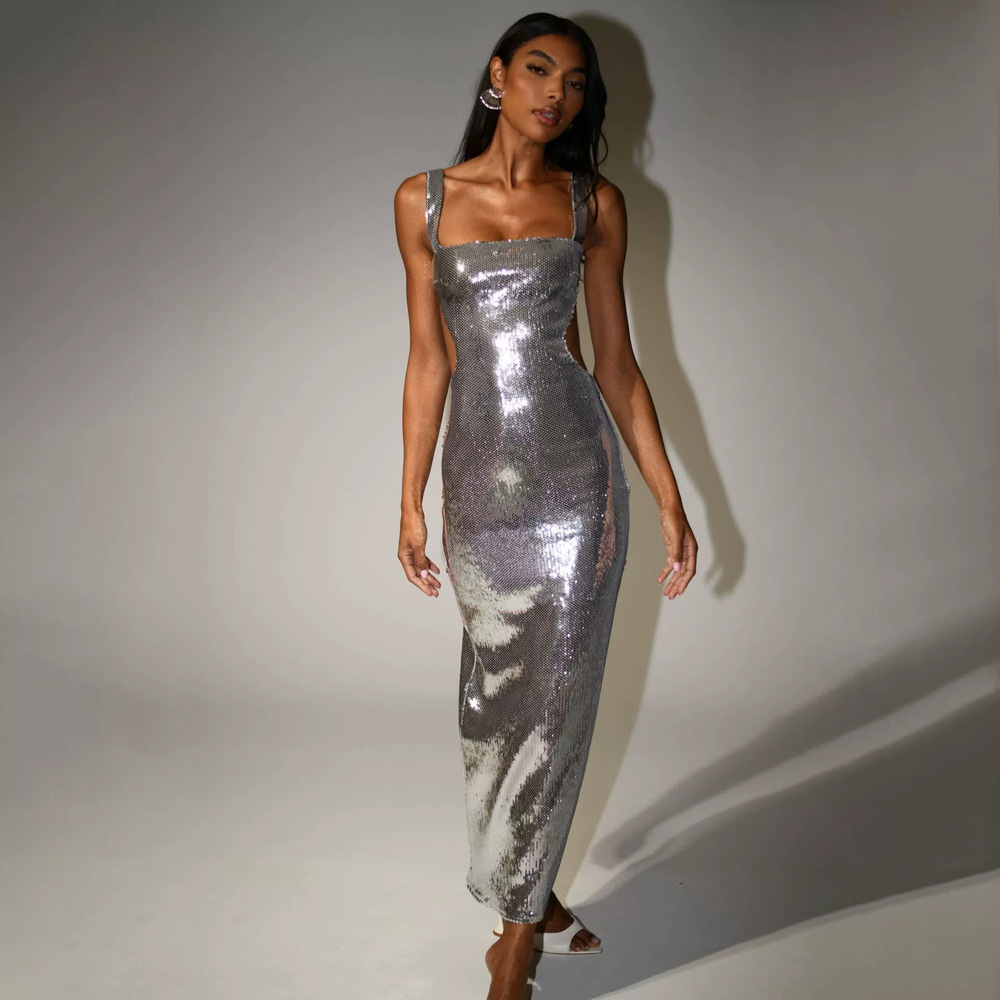 ZARA Sexy Off Shoulder Backless Silver Sequin Long Evening Dress